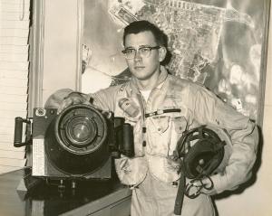Don Cole, US Navy Photographer, PHG-3, at USNAS (U.S. Naval Air Station) Corpus Christi, Texas, about 1959. Prepared, ready and wishing he could go fly, but actually was never assigned to the flight line.