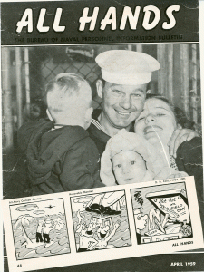 Birth of 'Seaman Deuce" comic strip, by Don Cole...done in free time while stationed at NAS Corpus Christi, Texas. 'All Hands,' official U.S. Navy magazine. April, 1959 Issue.